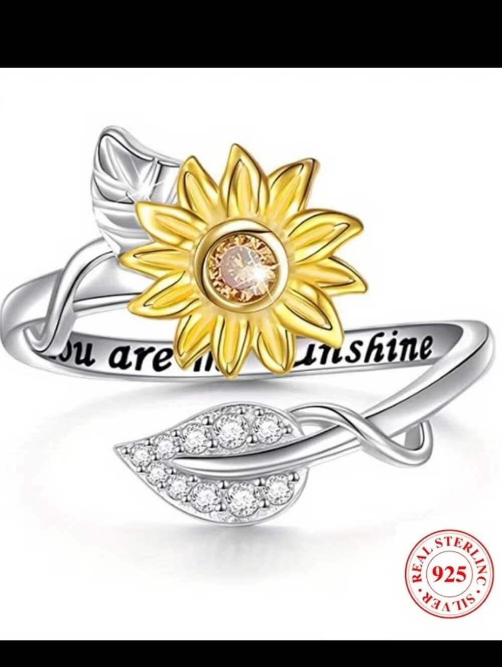🌻925 Sterling Silver Sunflower Ring W/Crystal Leaf & Inscription Band (OS) 🌞